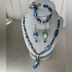 Statement Necklace Beaded Pendants Blue Purple Swirl Matching Earrings Bracelet